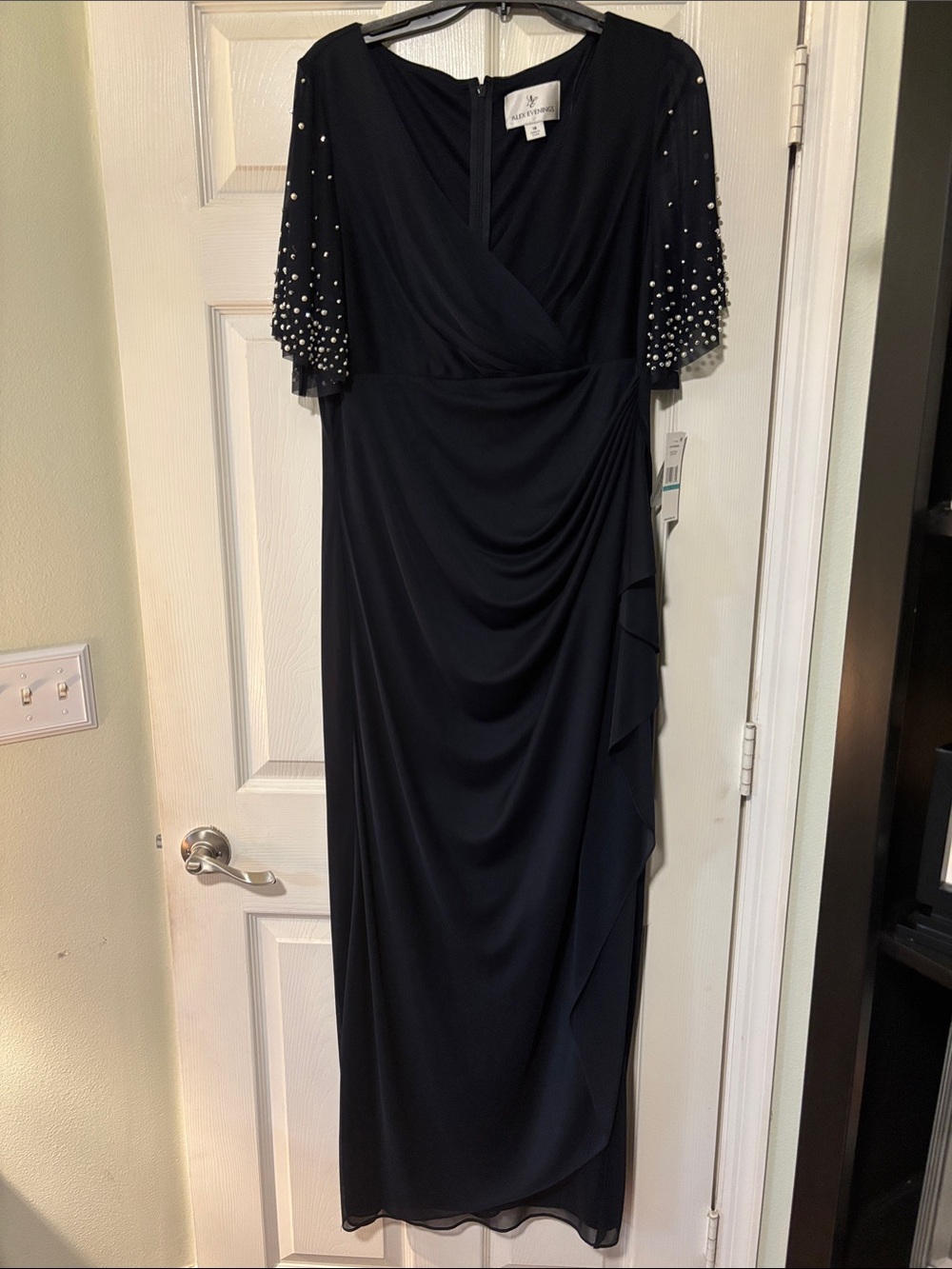 Alex Evenings Navy Blue Maxi Dress with Embellished Sleeves